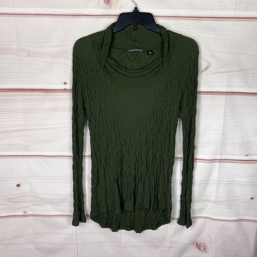 Snoskins Top Womens S Green Texture Knit Long Sleeve Tunic Collar Solid Pullover